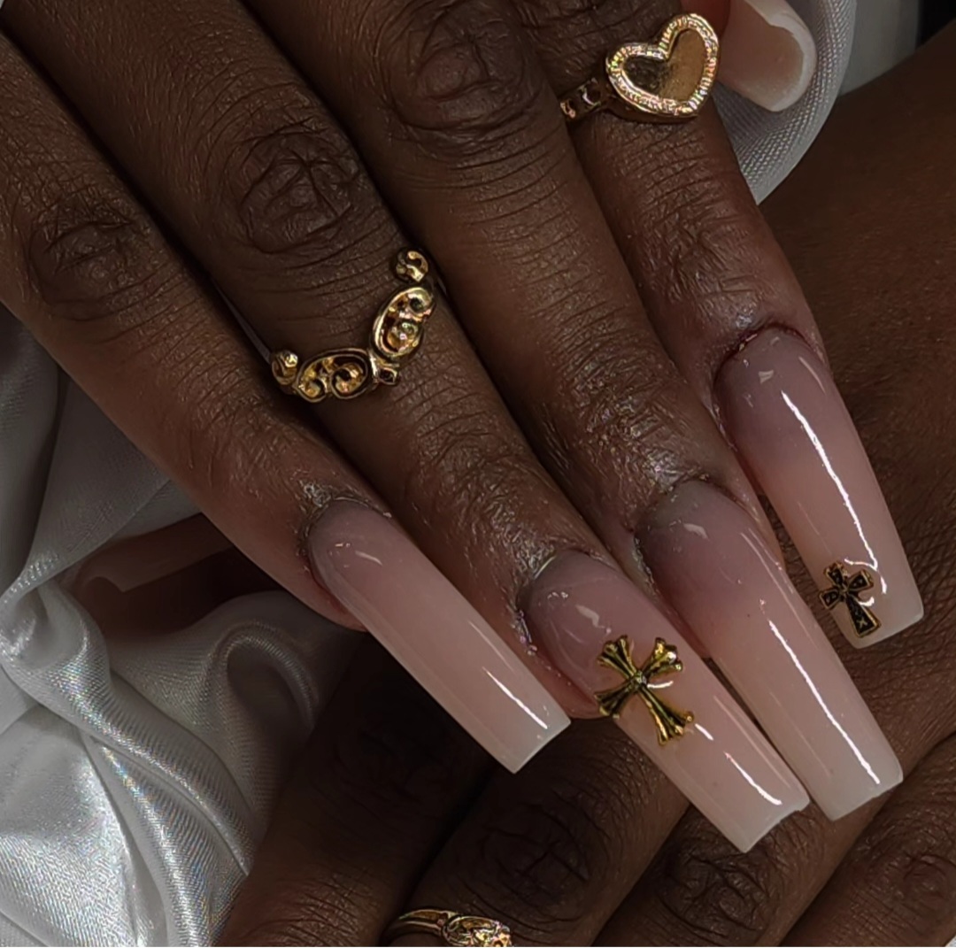 Long nude acrylic set with gold cross charms